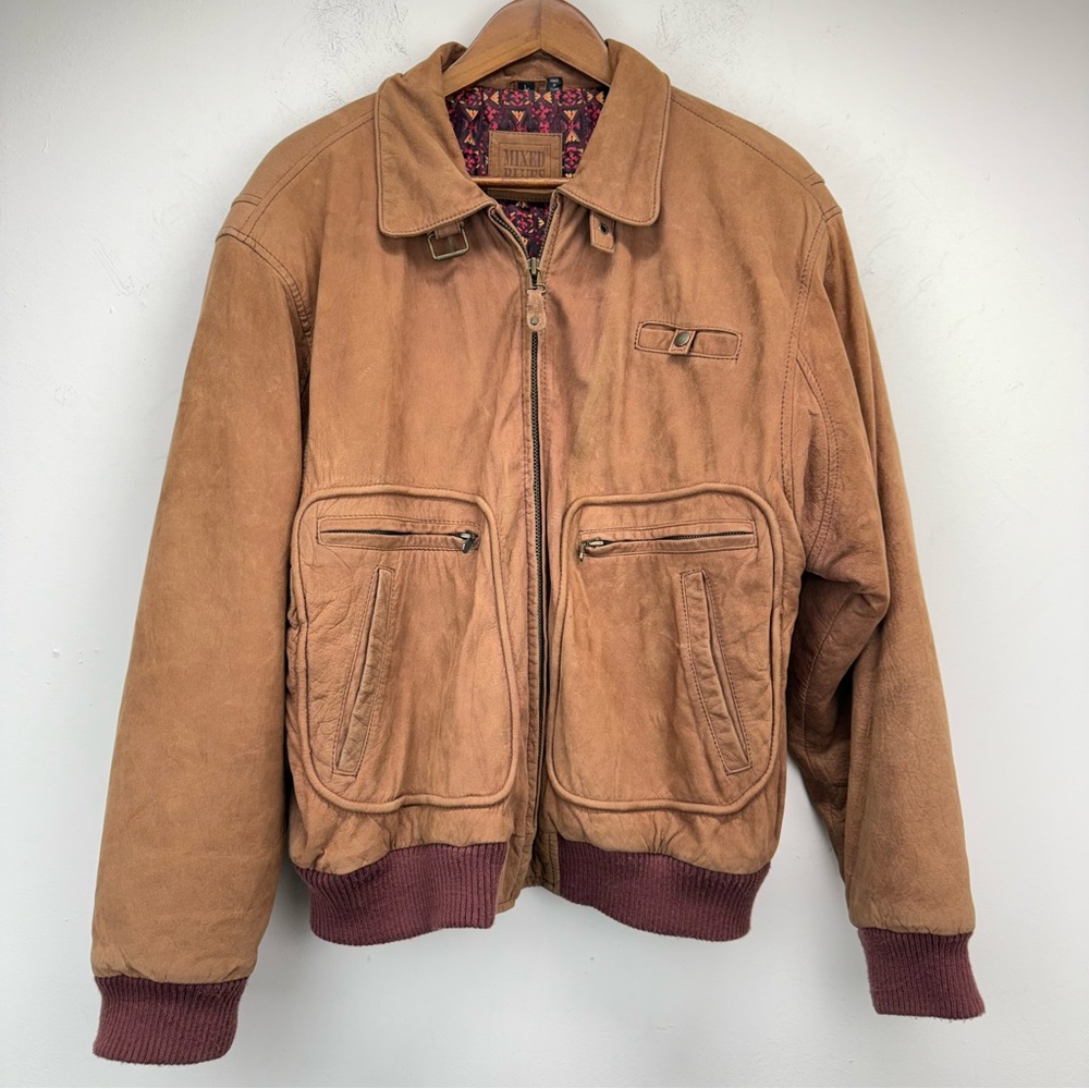 Vintage Mixed Blues size Large Men’s Tan Suede Leather Full Zip Bomber Jacket